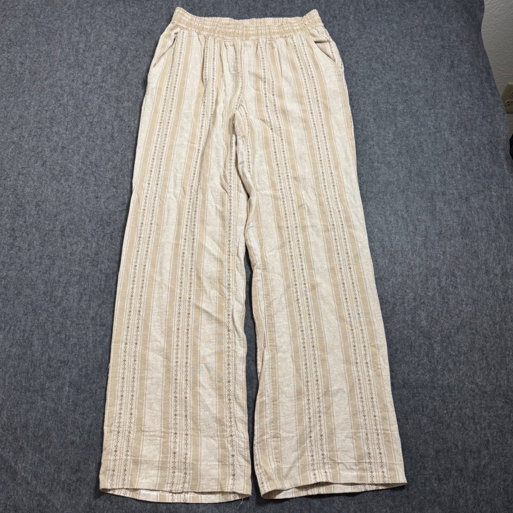 Briggs Womens Medium Beige Striped Linen Blend Wide Leg Smocked Waist Pants